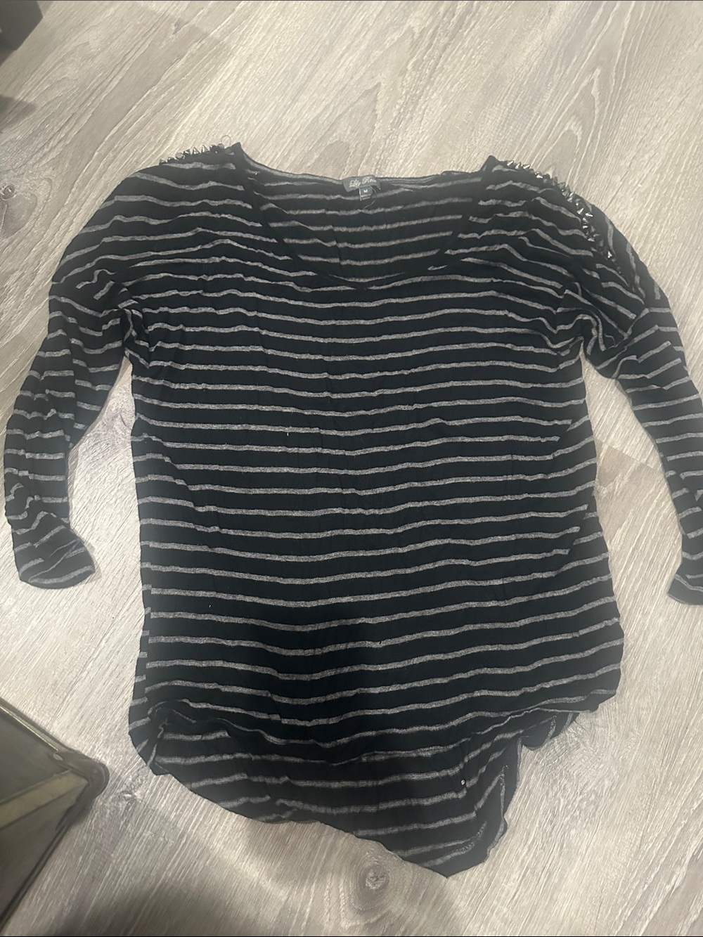 Striped Black & Gray 3/4 Sleeve Top with stud detail shoulders